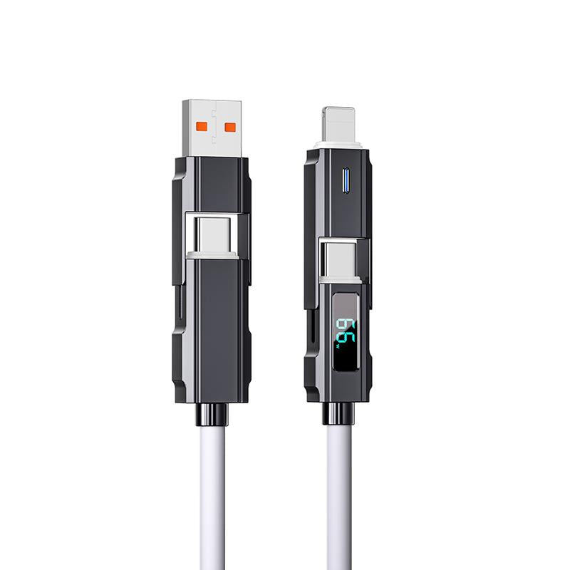 65W 4-In-1 Charging Cable with LED Display, PD 5A Fast Charging, Data Sync, USB-A, Type-C, Lightning, Aluminum, Compatible with Iphone 16/15, Ipad, Samsung and Laptops