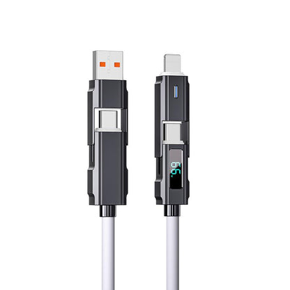65W 4-In-1 Charging Cable with LED Display, PD 5A Fast Charging, Data Sync, USB-A, Type-C, Lightning, Aluminum, Compatible with Iphone 16/15, Ipad, Samsung and Laptops