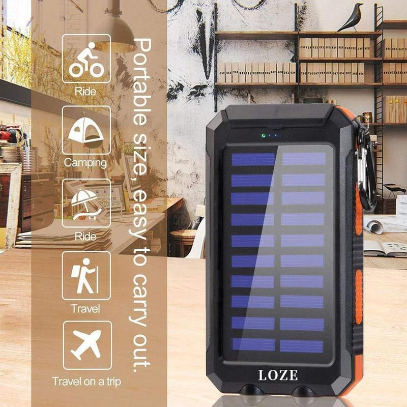 LOZE Solar Charger Power Bank 10000Mah Solar Phone Charger, Portable Charger Fast Charger Dual USB Ports Built-In LED Flashlight and Compass, IP65 Waterproof Portable Power Bank for Outdoor Activities