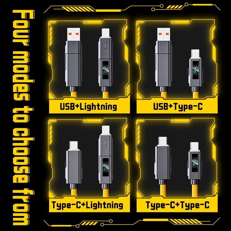 65W 4-In-1 Charging Cable with LED Display, PD 5A Fast Charging, Data Sync, USB-A, Type-C, Lightning, Aluminum, Compatible with Iphone 16/15, Ipad, Samsung and Laptops