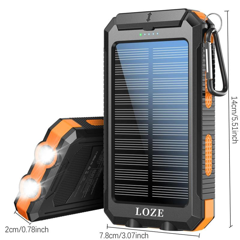 LOZE Solar Charger Power Bank 10000Mah Solar Phone Charger, Portable Charger Fast Charger Dual USB Ports Built-In LED Flashlight and Compass, IP65 Waterproof Portable Power Bank for Outdoor Activities