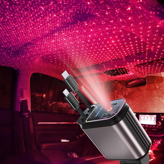 Decorative Light with 4 in 1 Retractable Car Charger Adapter, Starry Sky Light with 66W Fast Charging Car Charger, USB & Type C Ports Car Charger Compatible with Iphone & Android