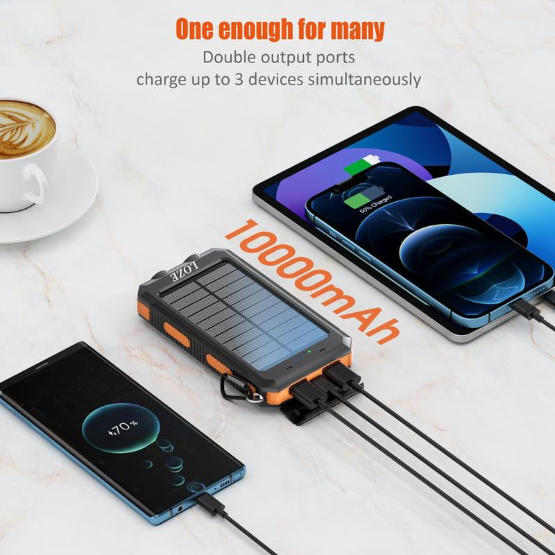 LOZE Solar Charger Power Bank 10000Mah Solar Phone Charger, Portable Charger Fast Charger Dual USB Ports Built-In LED Flashlight and Compass, IP65 Waterproof Portable Power Bank for Outdoor Activities
