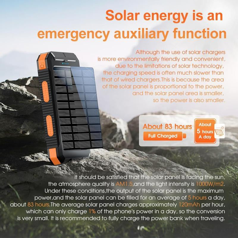 LOZE Solar Charger Power Bank 10000Mah Solar Phone Charger, Portable Charger Fast Charger Dual USB Ports Built-In LED Flashlight and Compass, IP65 Waterproof Portable Power Bank for Outdoor Activities
