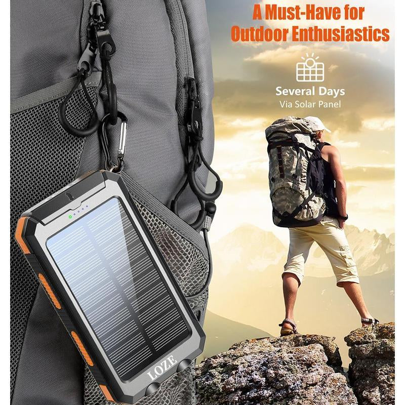 LOZE Solar Charger Power Bank 10000Mah Solar Phone Charger, Portable Charger Fast Charger Dual USB Ports Built-In LED Flashlight and Compass, IP65 Waterproof Portable Power Bank for Outdoor Activities