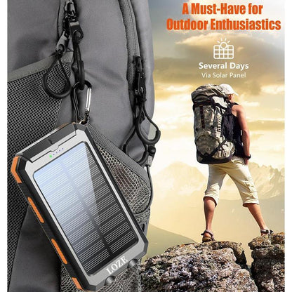 LOZE Solar Charger Power Bank 10000Mah Solar Phone Charger, Portable Charger Fast Charger Dual USB Ports Built-In LED Flashlight and Compass, IP65 Waterproof Portable Power Bank for Outdoor Activities