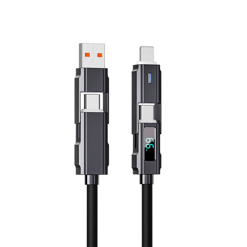 65W 4-In-1 Charging Cable with LED Display, PD 5A Fast Charging, Data Sync, USB-A, Type-C, Lightning, Aluminum, Compatible with Iphone 16/15, Ipad, Samsung and Laptops