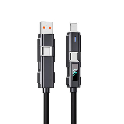 65W 4-In-1 Charging Cable with LED Display, PD 5A Fast Charging, Data Sync, USB-A, Type-C, Lightning, Aluminum, Compatible with Iphone 16/15, Ipad, Samsung and Laptops