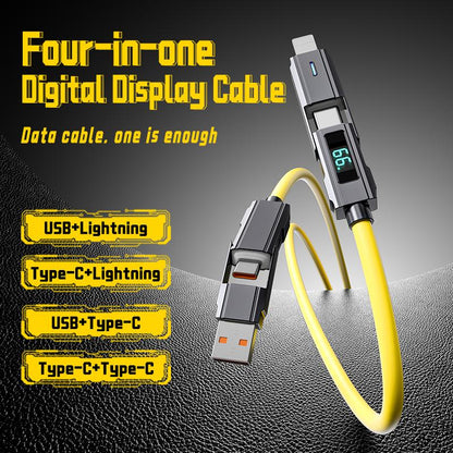 65W 4-In-1 Charging Cable with LED Display, PD 5A Fast Charging, Data Sync, USB-A, Type-C, Lightning, Aluminum, Compatible with Iphone 16/15, Ipad, Samsung and Laptops