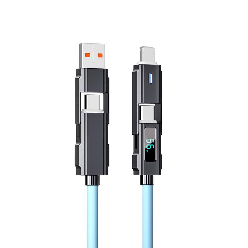 65W 4-In-1 Charging Cable with LED Display, PD 5A Fast Charging, Data Sync, USB-A, Type-C, Lightning, Aluminum, Compatible with Iphone 16/15, Ipad, Samsung and Laptops