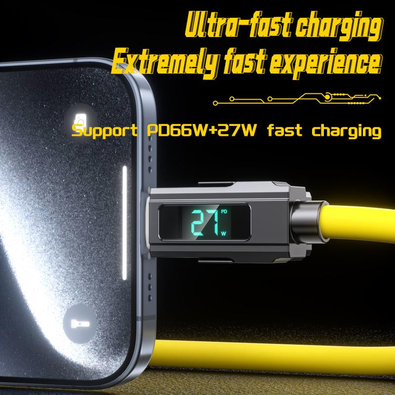 65W 4-In-1 Charging Cable with LED Display, PD 5A Fast Charging, Data Sync, USB-A, Type-C, Lightning, Aluminum, Compatible with Iphone 16/15, Ipad, Samsung and Laptops