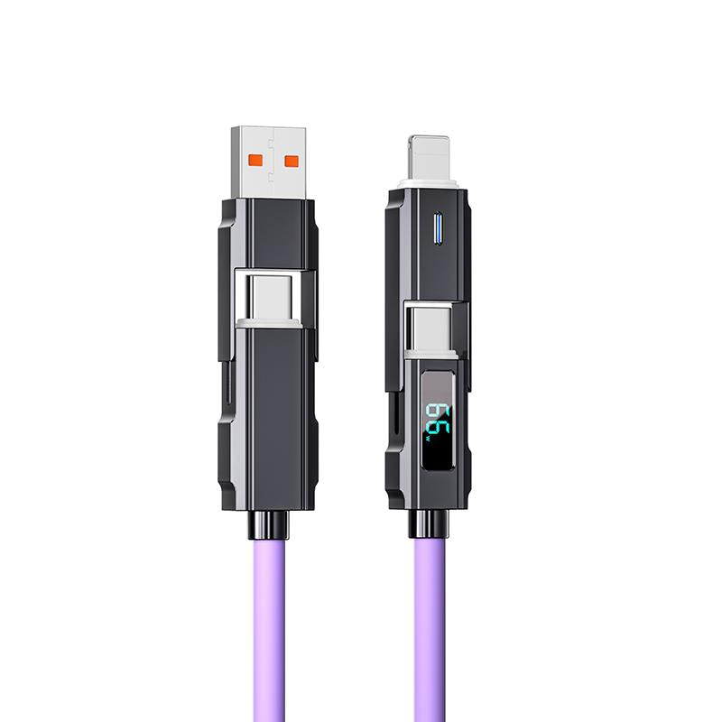 65W 4-In-1 Charging Cable with LED Display, PD 5A Fast Charging, Data Sync, USB-A, Type-C, Lightning, Aluminum, Compatible with Iphone 16/15, Ipad, Samsung and Laptops