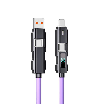 65W 4-In-1 Charging Cable with LED Display, PD 5A Fast Charging, Data Sync, USB-A, Type-C, Lightning, Aluminum, Compatible with Iphone 16/15, Ipad, Samsung and Laptops