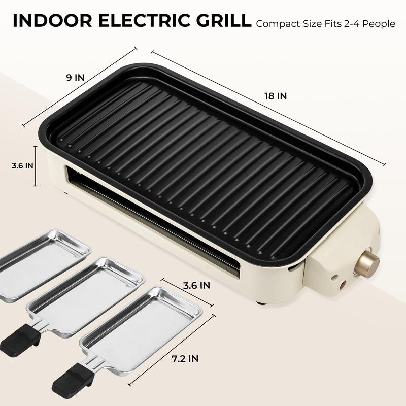 Pukomc 1500W Yellow Electric Grill—Smokeless Indoor Cooking with Non-Stick Plate, 3 Raclette Pans & Dishwasher-Safe Parts. Great for Steaks, Hot Dogs & More! Master Grill
